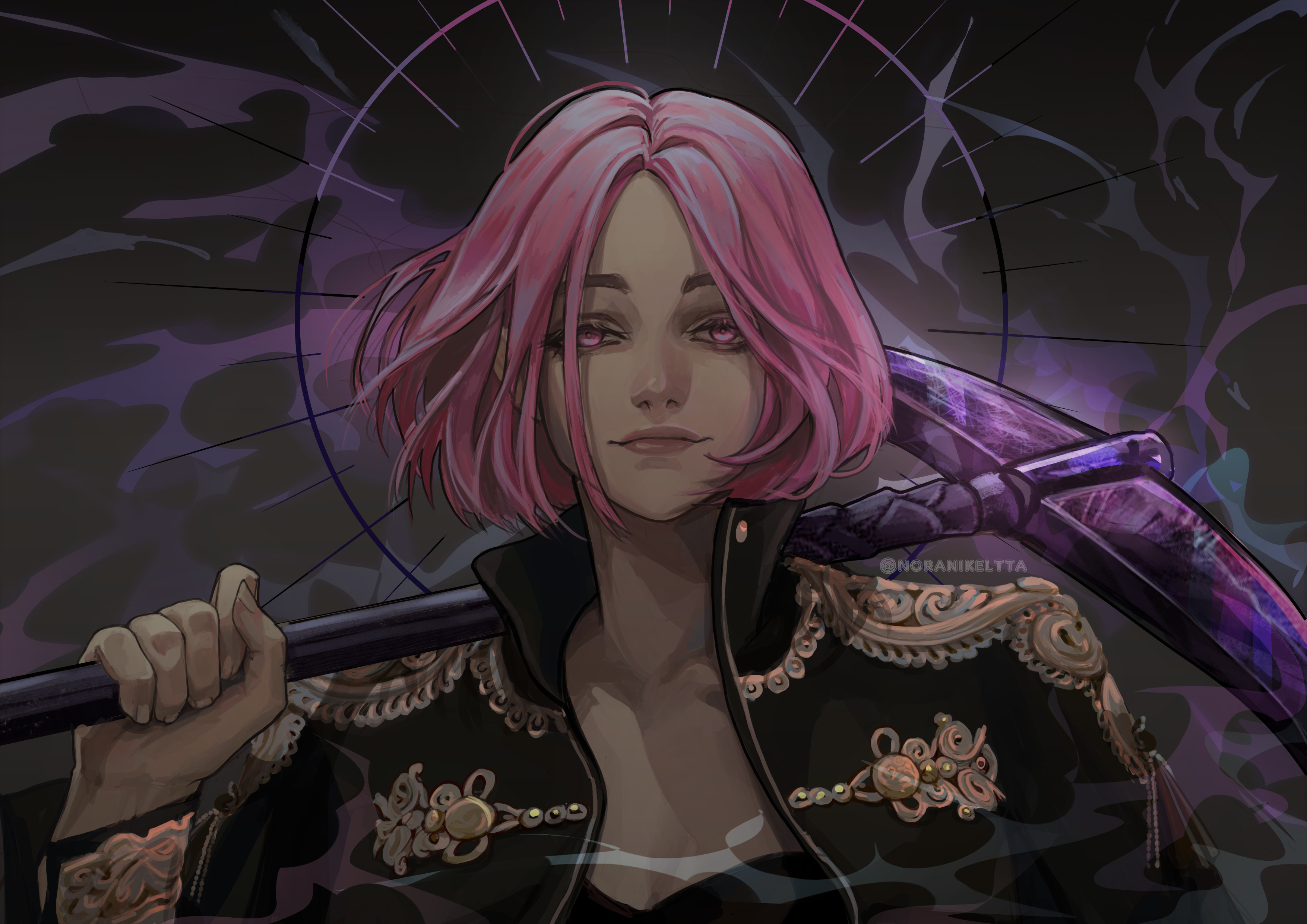 This is a drawing of Niki if she was an anime character. She is wearing a very ornate and detailed black jacket with gold trim over a simple black shirt. On her shoulder, she has an enchanted purple pickaxe. Her pink hair is cut short into a bob, and she is smiling at the camera in a very cool and collected way. Purple electricity and a minimalist Catholic/Christian halo circles behind her.